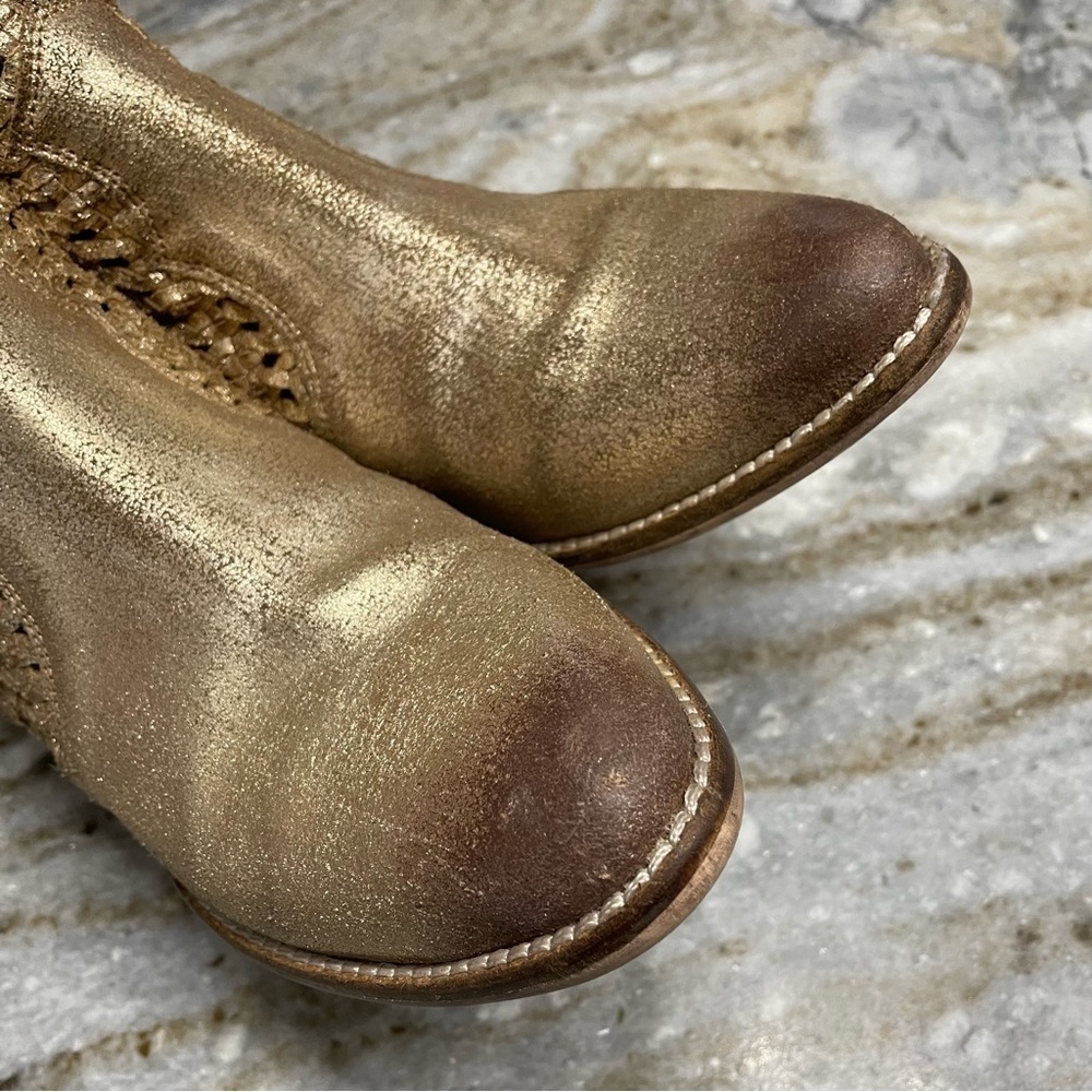 Seychelles, Flip a Coin Gold Suede Cowboy Bootie Distressed Leather - Picture 7 of 11
